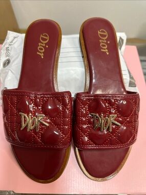 Dior Burgundy Quilted Patent Leather Slide Mules with Gold Logo Accent